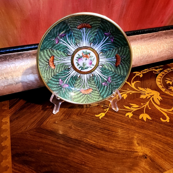 Neiman Marcus Horchow Chinese Export Famille Rose Verte Bok Choy Brass Plate VTG - Picture 8 of 15